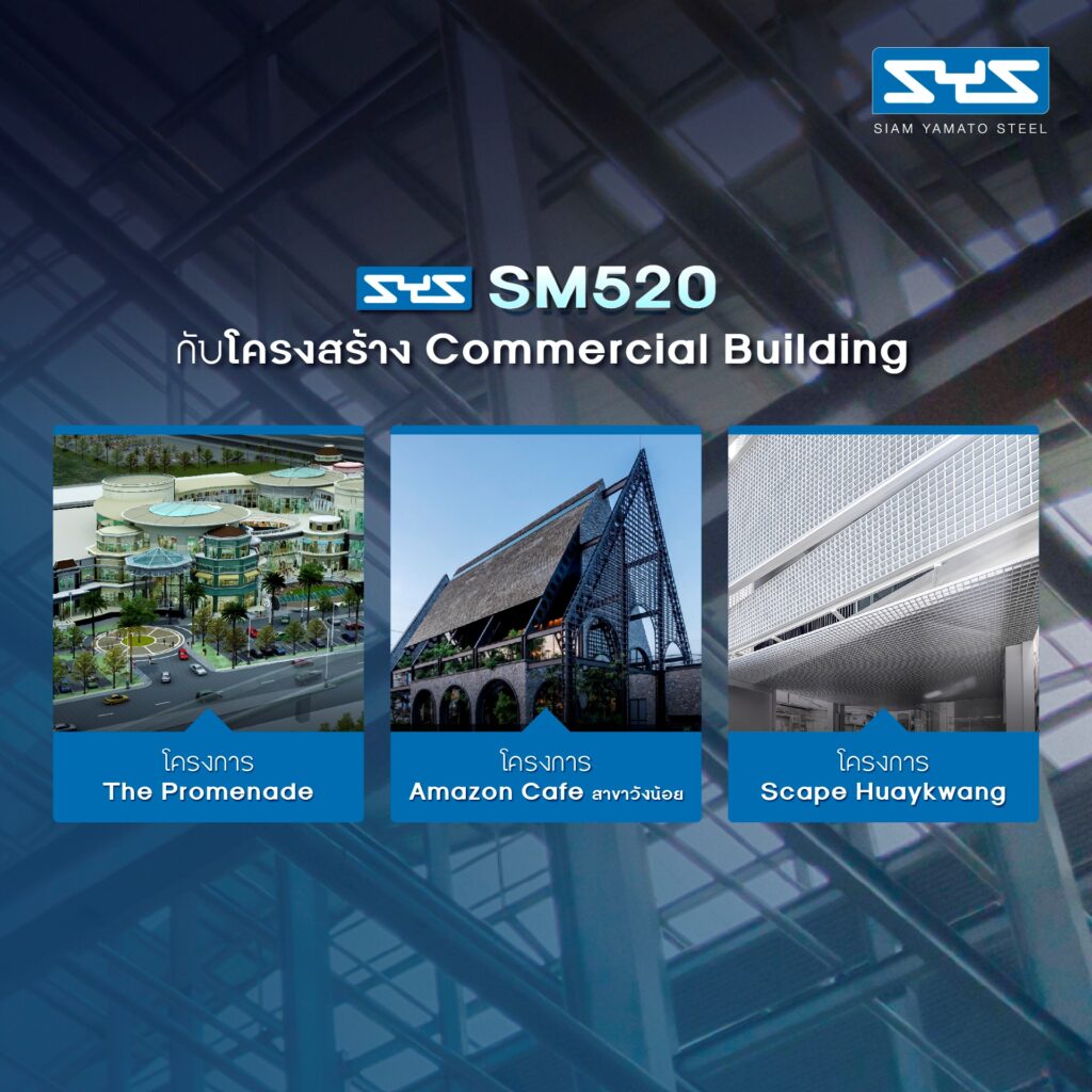 เหล็ก SYS SM520 กับโครงสร้าง Commercial Building . เหล็ก SYS SM520 สามารถรับแรงได้มากขึ้นในขนาดหน้าตัดที่เล็กลง ดังนั้นเมื่อนำมาก่อสร้างอาคารประเภท Commercial Building จึงสามารถยืด Span ได้กว้าง เสาในพื้นที่น้อยและเล็กลง ส่งผลให้มีพื้นที่ใช้สอยหรือพื้นที่เช่าเพิ่มมากขึ้นได้ นอกจากนี้ยังช่วยเสริมความงามของอาคารให้มีความน่าสนใจมากขึ้น . Commercial Building ที่ใช้เหล็ก SYS SM520 เป็นโครงสร้างอาคาร เช่น The Promenade, Amazon Café สาขาวังน้อย รวมไปถึง Office Building ให้เช่าอย่าง Scape Huaykwang ที่เหล็ก SYS SM520 ไม่ใช่แค่เสริมคุณภาพให้โครงสร้าง แต่ยังช่วยทลายข้อจำกัดในการก่อสร้างแต่ละโครงการอย่างมีประสิทธิภาพด้วย